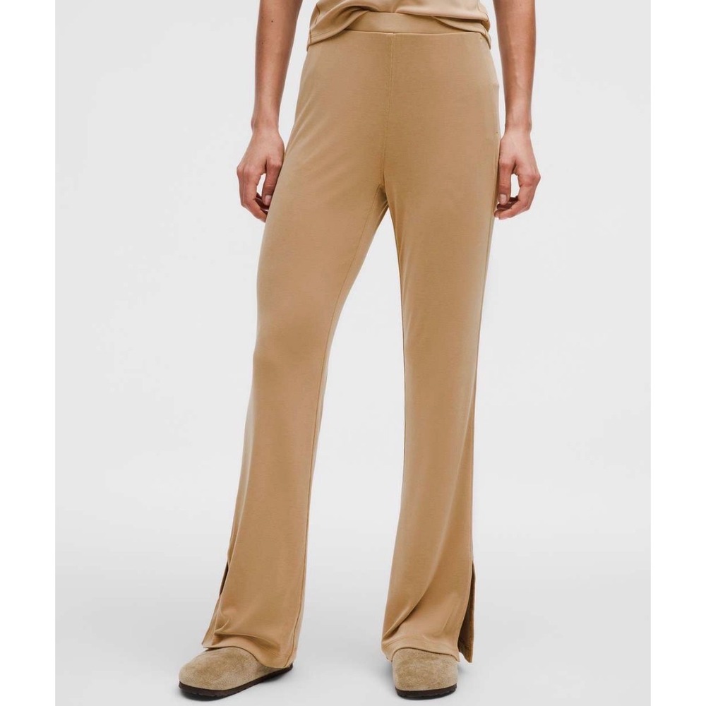 Lululemon Drapey Softstreme Flared Pants Womens M Tan Beige Pull On Wide Leg
